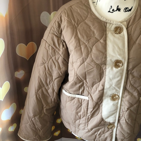 Coat jacket reversible cozy khaki beige tan pocket quilted puffer pocket women - Picture 14 of 15